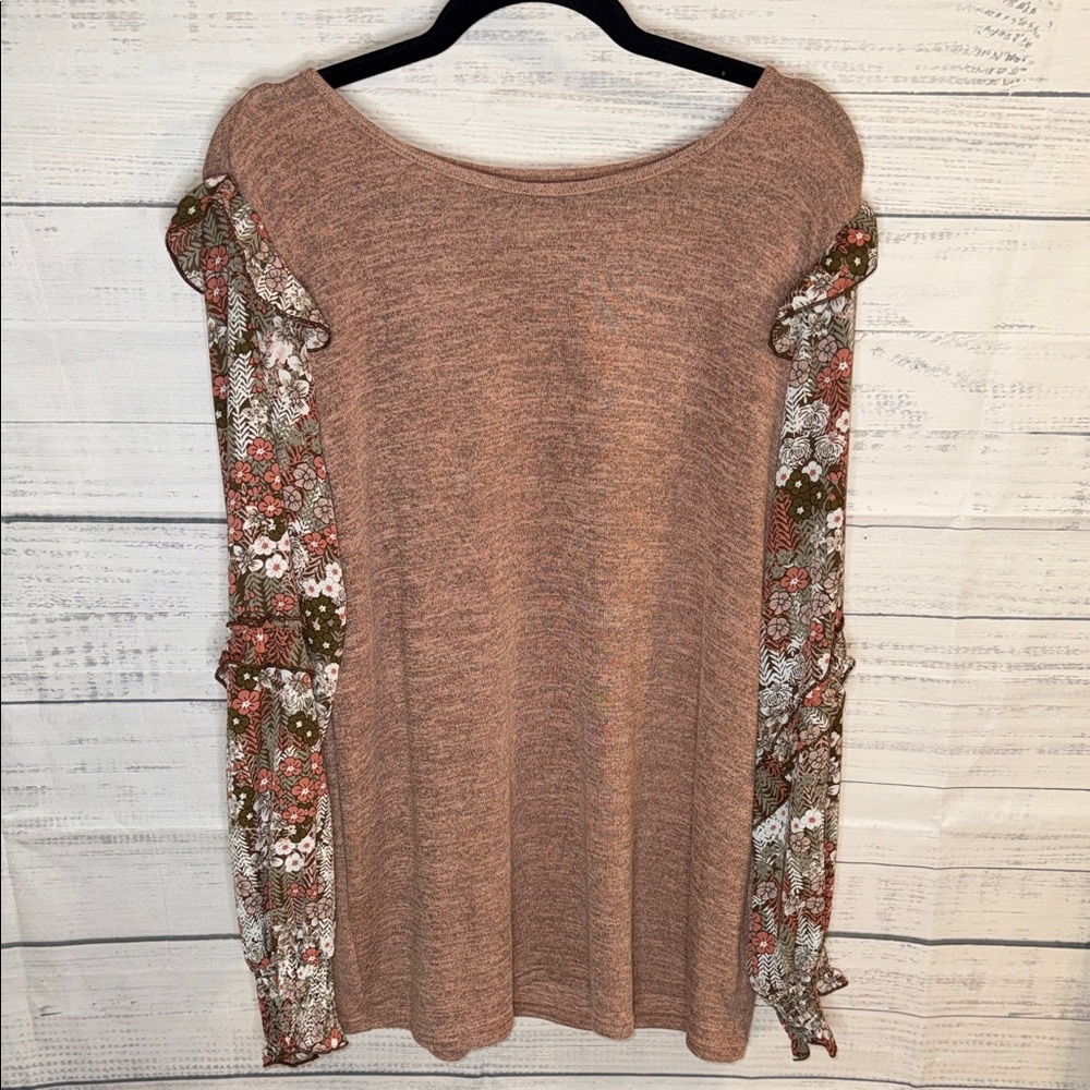 NWOT Women's Mauvy Tan Knit Top with Floral Sleeve Panels